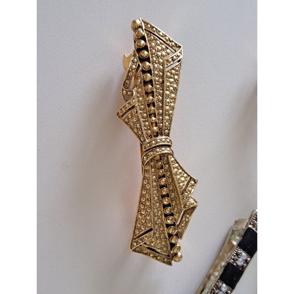 Set Of 4 Vtg Hair Barrettes Gold Black White Rhinestones Amber Tortoise Shell - Picture 2 of 10